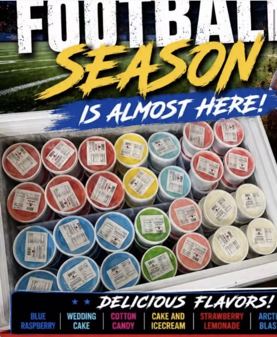 Football season is almost here — Johnny Freeze cream ice flyer showing a stocked freezer